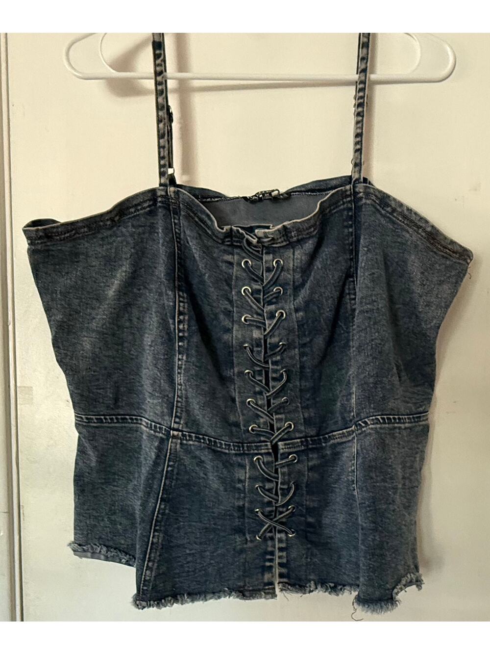 Haute Fox 3X Lace-Up Front Acid Wash Denim Corset Camisole Top